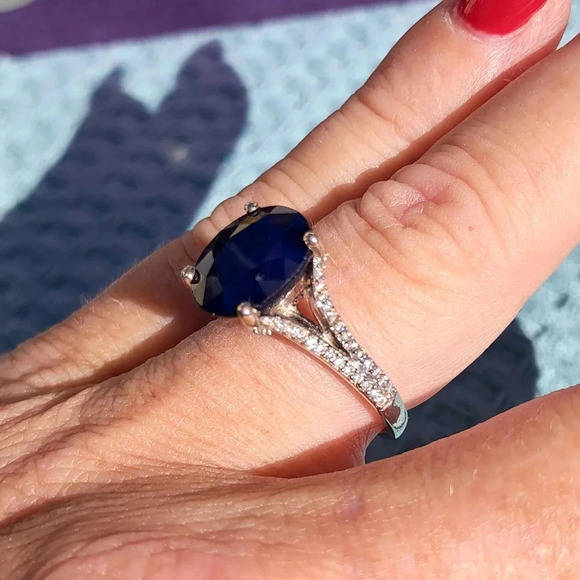 Blue Sapphire and Moissanite Ring in 925 Sterling Silver - Picture 10 of 12